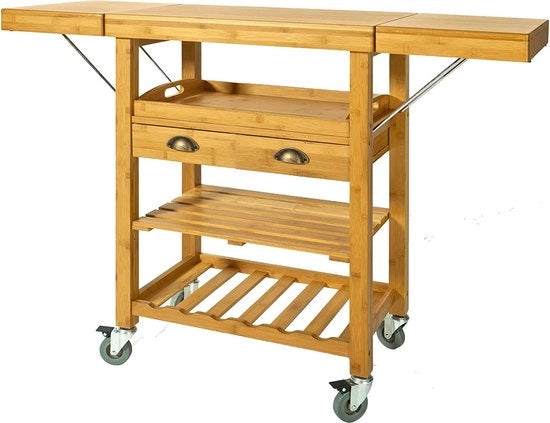 Carrello da cucina in bambù pieghevole - Carrozza con 2 pannelli laterali pieghevoli a cardini