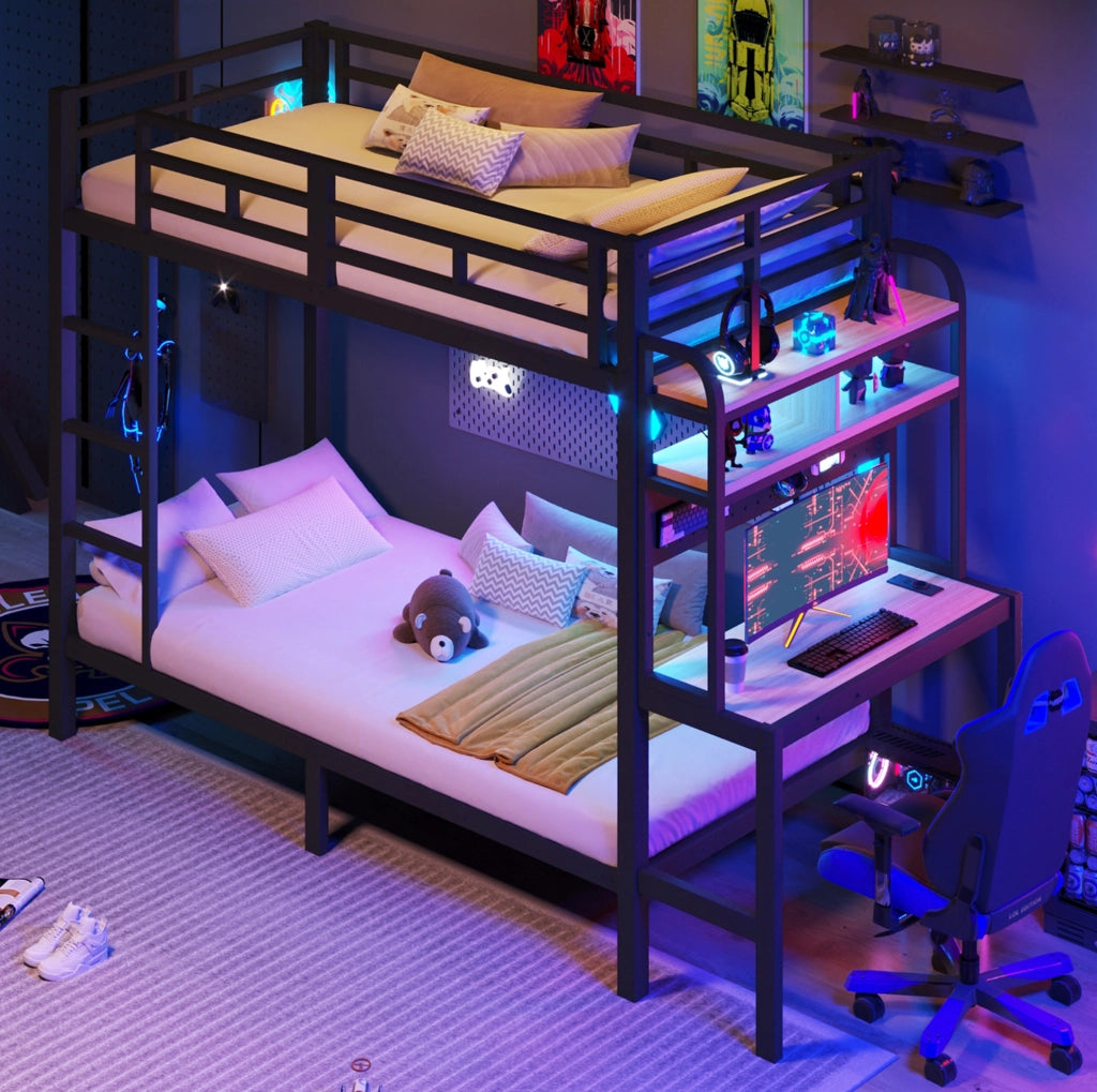 Letto a castello 90x200 cm in metallo e MDF; con scrivania; LED; USB; nero