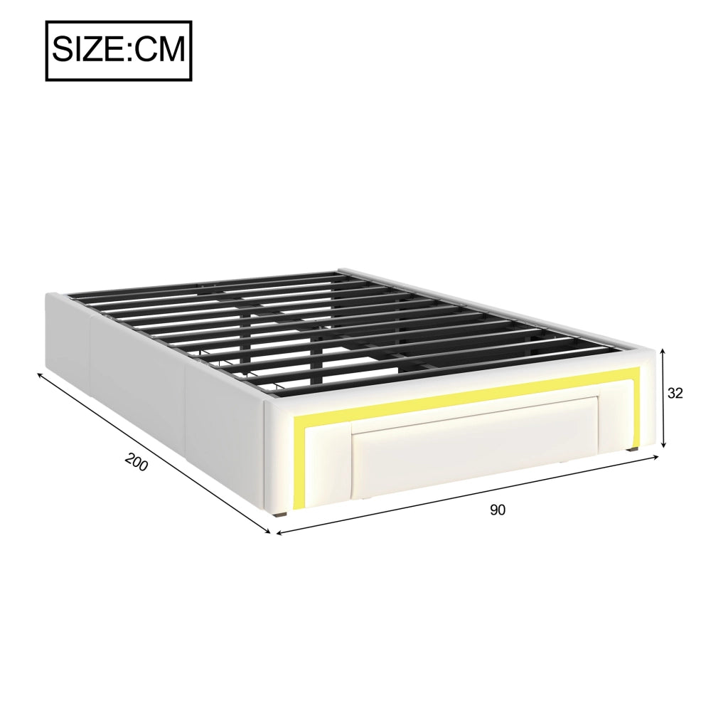 Letto singolo 90x200 cm con cassetti, LED RGB e rivestimento PU