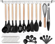 Set di accessori da cucina in silicone 38 pezzi, set di accessori da cucina antiaderente, utensile da cucina con maniglia in legno, strumento multifunzionale con uncini e supporti per oggetti da cucina (nero)