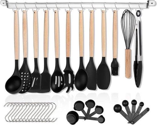 Set di accessori da cucina in silicone 38 pezzi, set di accessori da cucina antiaderente, utensile da cucina con maniglia in legno, strumento multifunzionale con uncini e supporti per oggetti da cucina (nero)