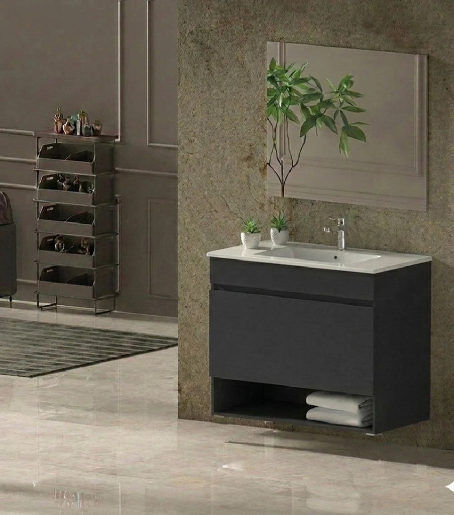 Mobile Bagno NEBARI Già Montato 1 cassetto, lavabo e specchio Grafite 100x40 cm
