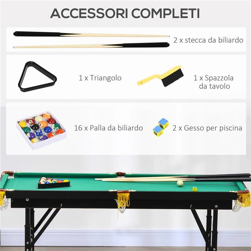 TAVOLO DA BILIARDO AD ALTEZZA REGOLABILE CON ACCESSORI, IN MDF E ACCIAIO, 140X63X55-75 CM, VERDE