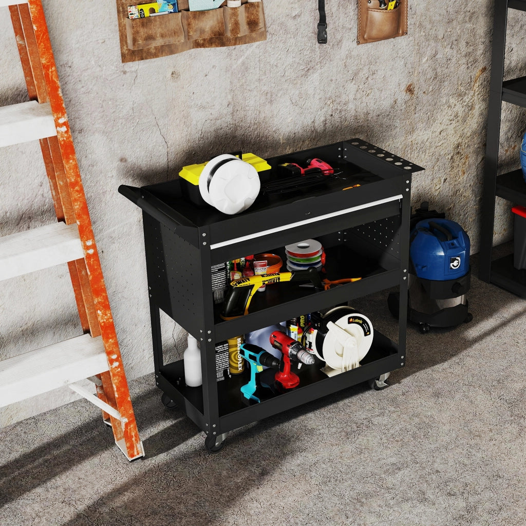 Carrello da lavoro a 3 livelli con cassetto e porta attrezzi ¨C zephmum ¨C nero 82x35x76 cm