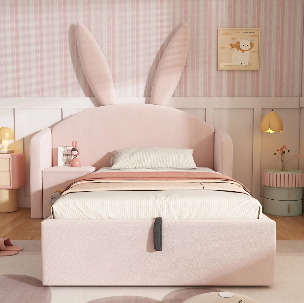 Letto contenitore 90x200 cm in velluto rosa con comodino contenitore