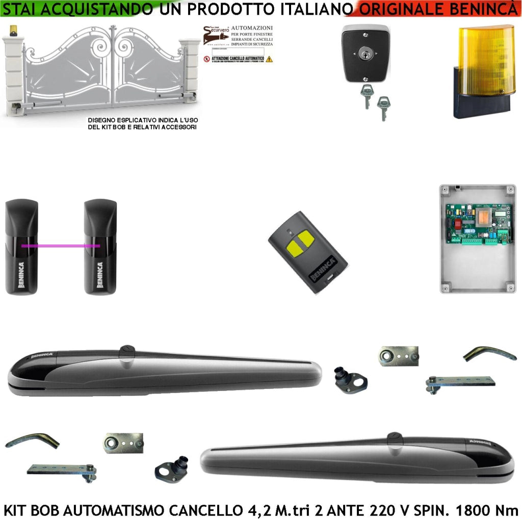 Kit BOB21M Automatismo Cancello 4,2 Metri 2 Ante Motori Vite rullata 230 V Corsa 325 mm Spinta 1800 Nm Sblocco a Chiva Radiocomando Coppia Fotocellule Lampeggiatore a Led con Antenna Selettore 2 Ck