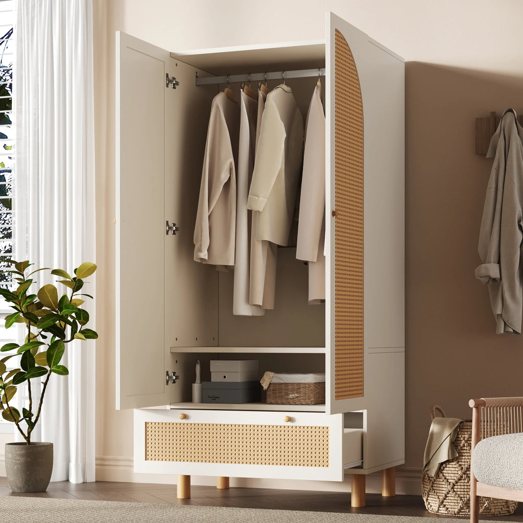 Armadio bianco stile country 2 ante con cassetto, ripiani regolabili e asta appendiabiti