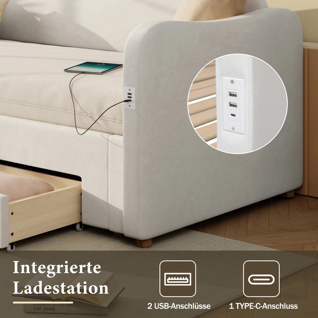 LETTO estraibile 90x200 cm fino a 180x200 cm con cassetti Velluto Beige USB