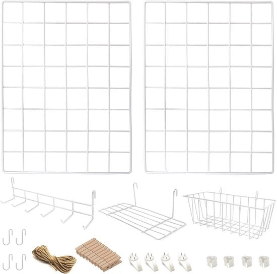 2 pannelli a rete in metallo bianco con accessori | Incluso pannello a sospensione e griglia | Set completo per decorazione domestica | Fotobord in metallo bianco