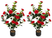 Camelia Finto 38 Pollici, Pianta di Finto Fiore in Cassetta di Cemento, 2 pezzi, Rosso