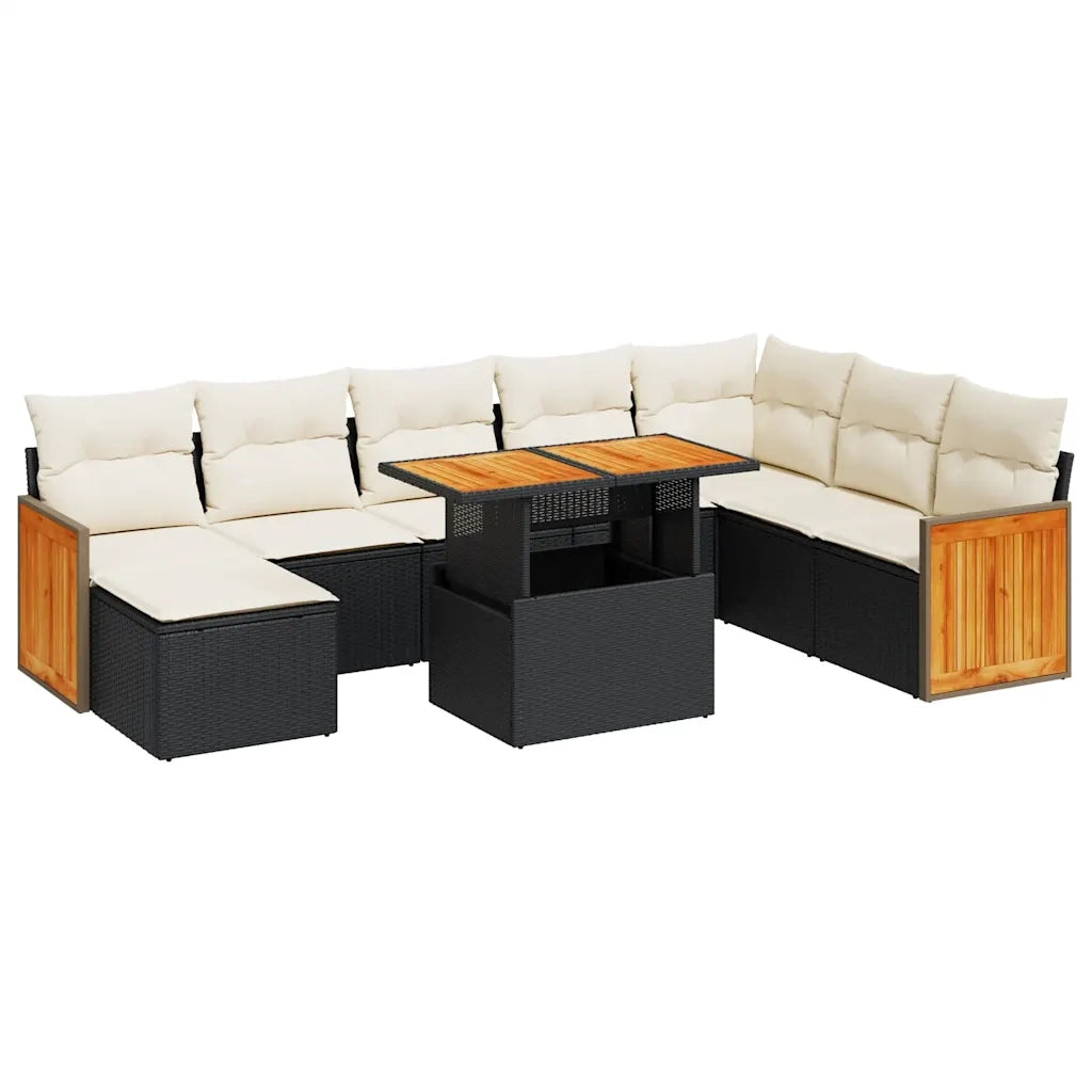 Set Divani da Giardino 9 pz con Cuscini Nero Polyrattan Acacia 3327745