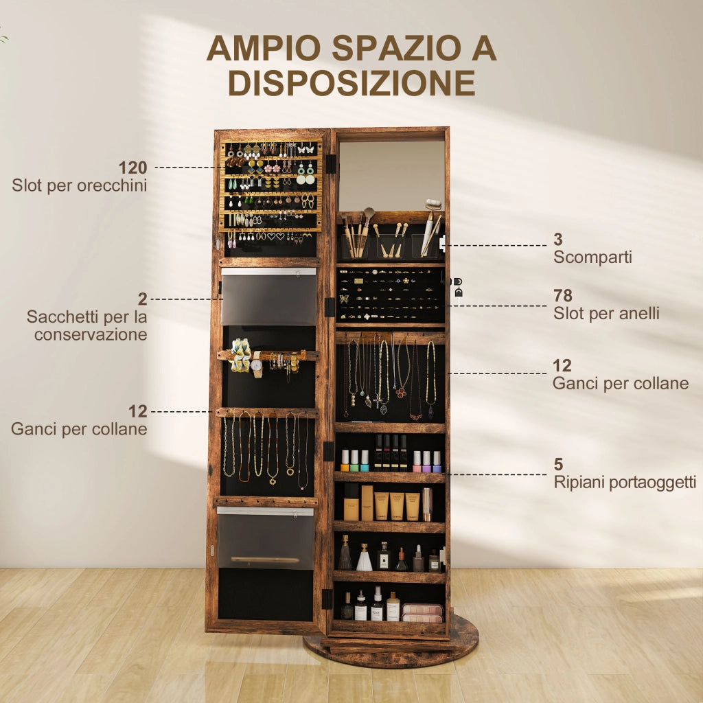 Specchio Girevole Portagioie con Ripiani e Chiusura ¨C zephmum ¨C 55x55x161 cm Marrone Legno
