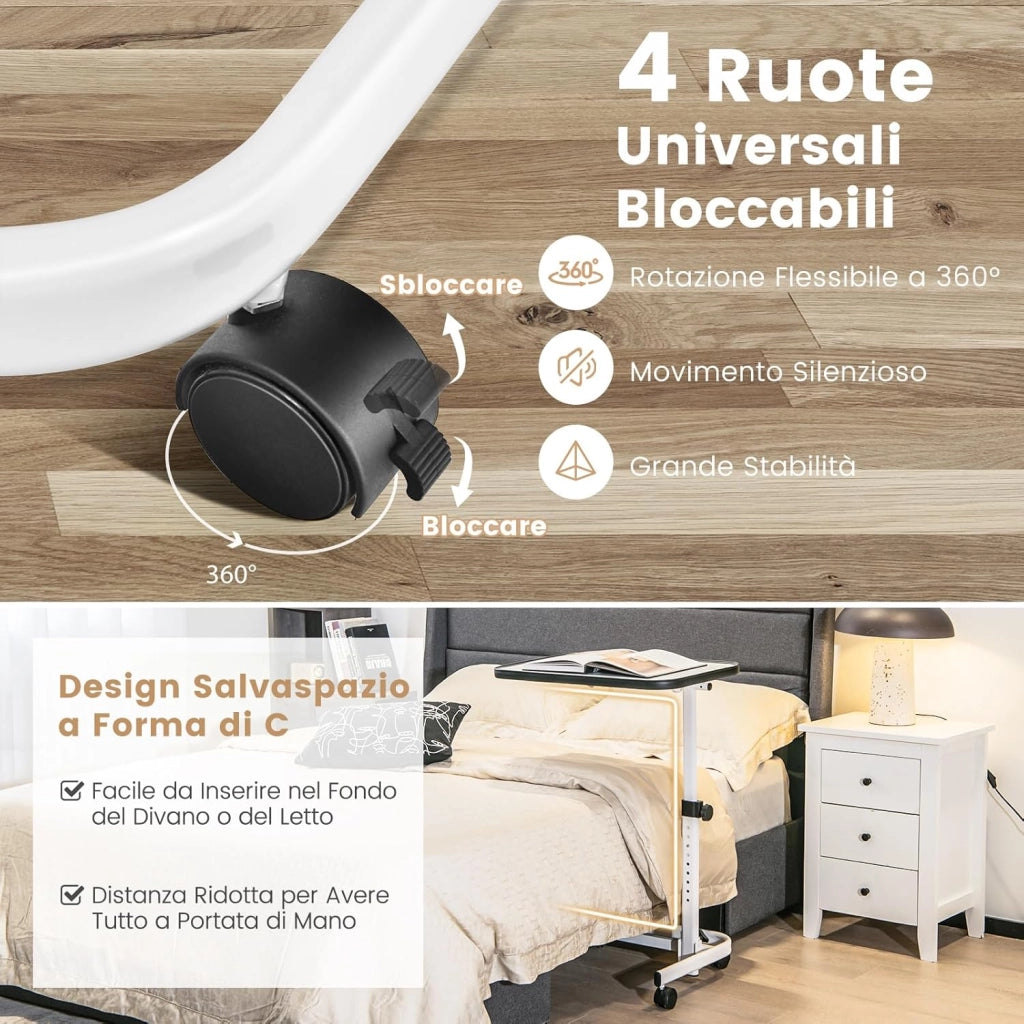 Tavolino da Letto e Divano con Ruote Bloccabili, Tavolino Porta PC con Altezza Regolabile in 9 Posizioni e Piano Inclinabile, Tavolino Servitore Letto per Mangiare e Lavorare (Bianco)