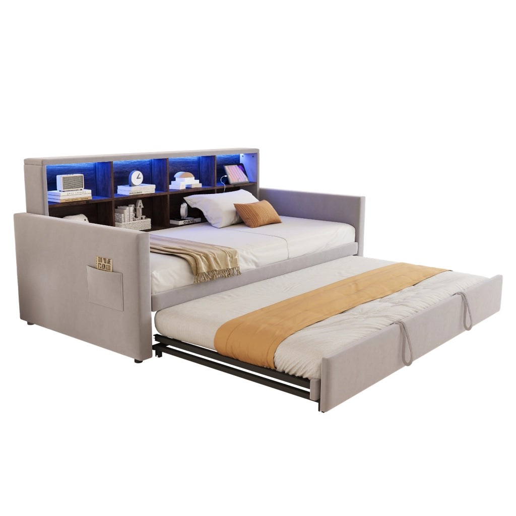 OKWISH Letto Divano Letto Singolo, Cassetti, LED, USB e Tipo C, 90 x 190 cm, senza materasso, Velluto Grigio Chiaro