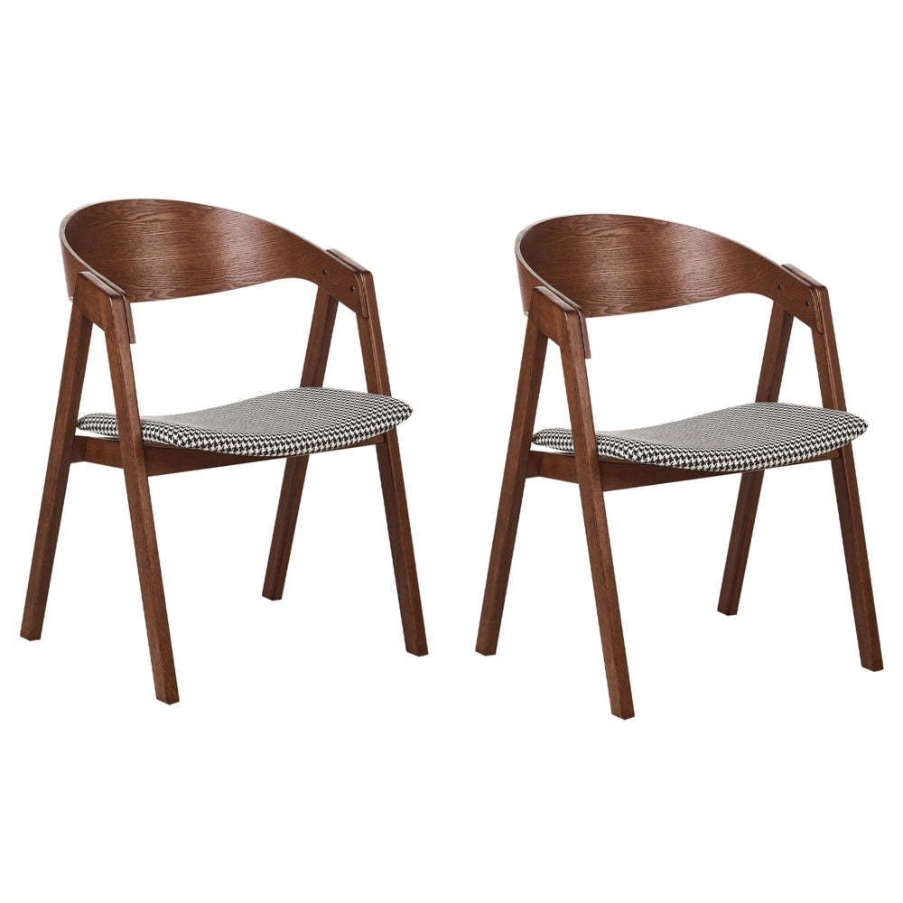 Set di 2 sedie da pranzo in legno scuro, compensato, bianco e nero, tessuto poliestere, pied de poule, gambe in legno di gomma, stile retrò e tradizionale.