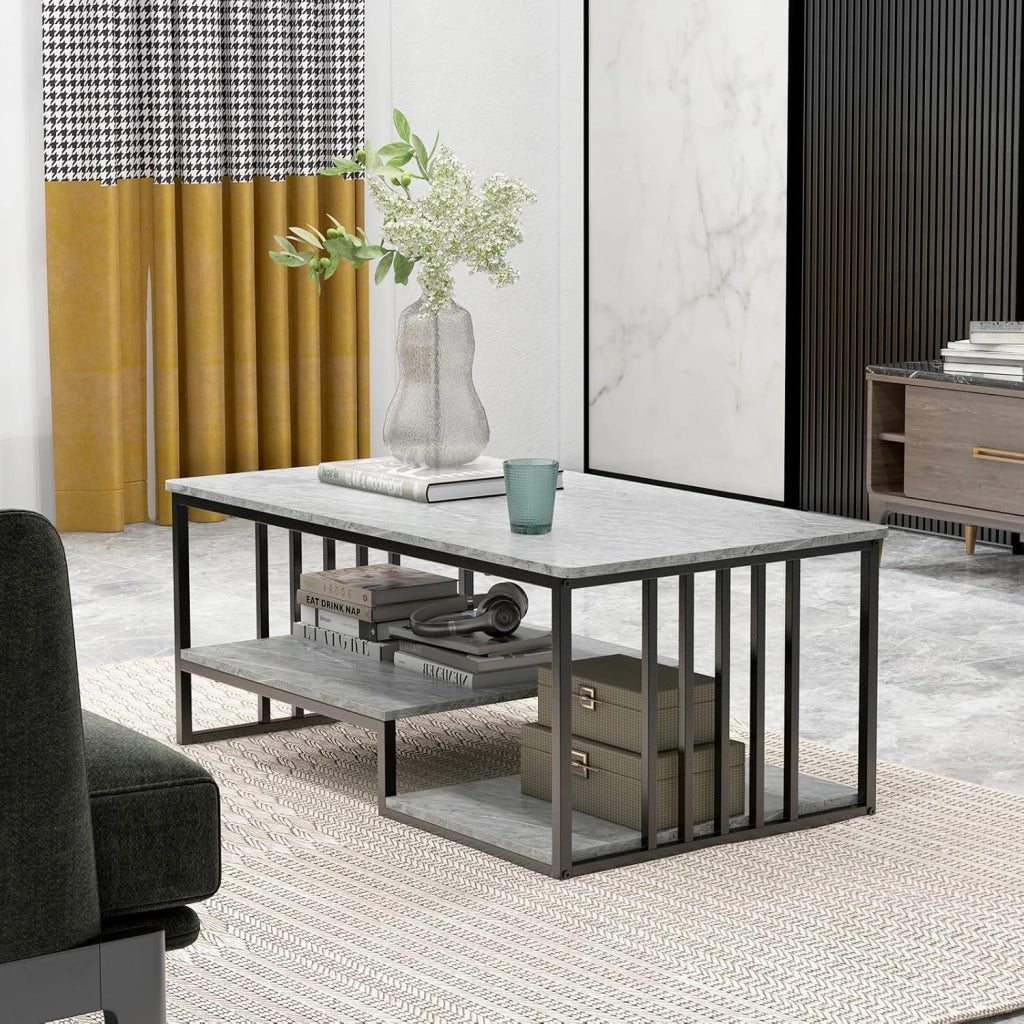 Tavolino da salotto rettangolare da cocktail a 3 livelli con ripiani, struttura in marmo sintetico e telaio in metallo con stoccaggio, 110 x 60 x 45 cm