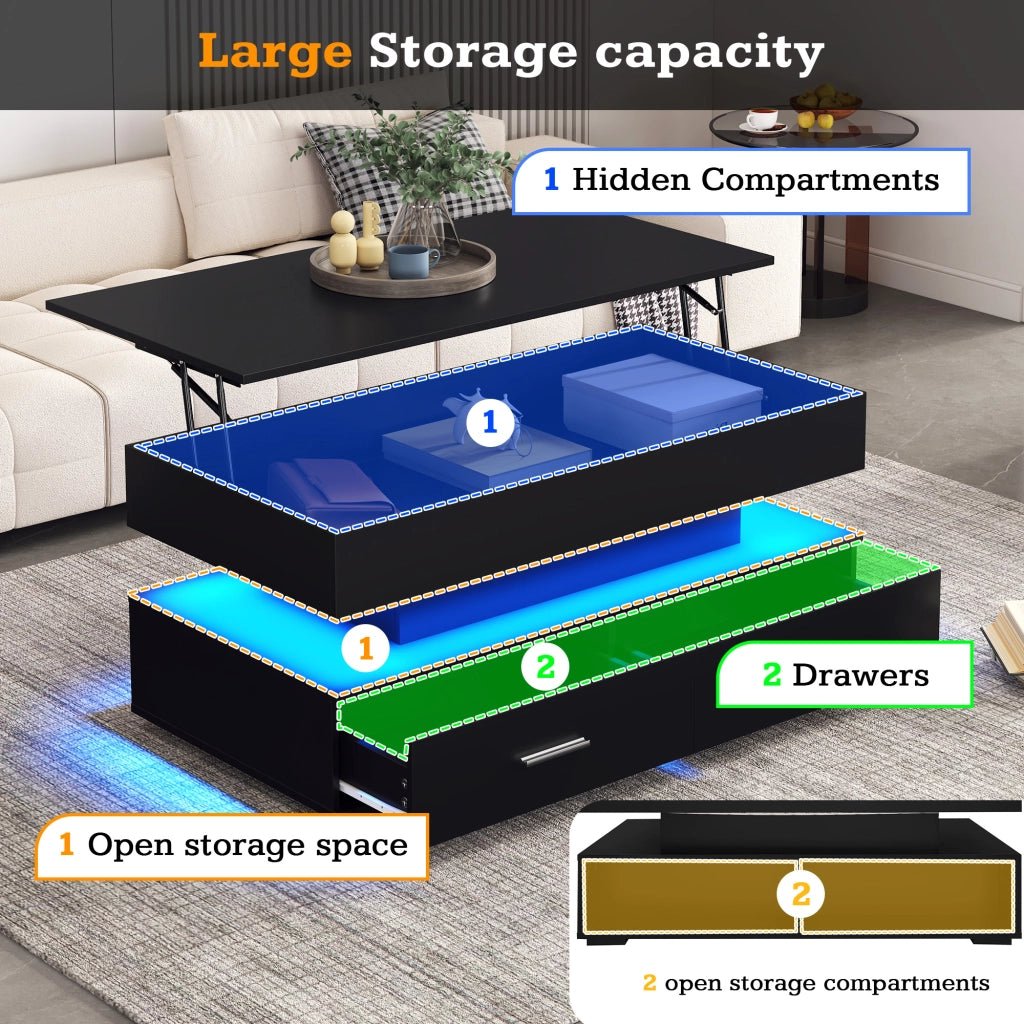 Tavolino basso sollevabile con LED e Bluetooth, 2 cassetti, vano aperto e vano nascosto, per soggiorno, nero, 100 × 50 × 44 cm