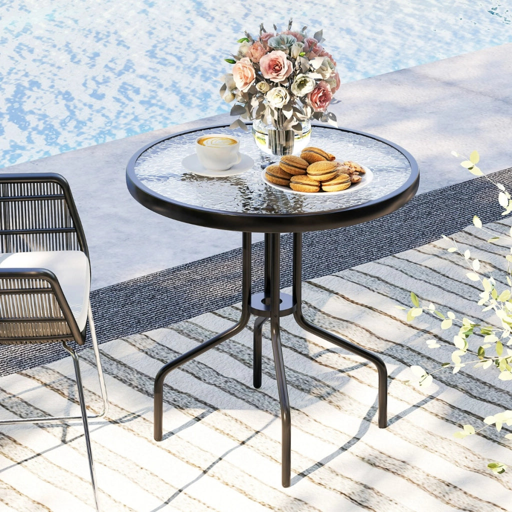 Tavolo da pranzo da patio 70 cm con piano in vetro temperato, Tavolo da bistro rotondo con struttura in metallo Nero-Tavoli da esterno