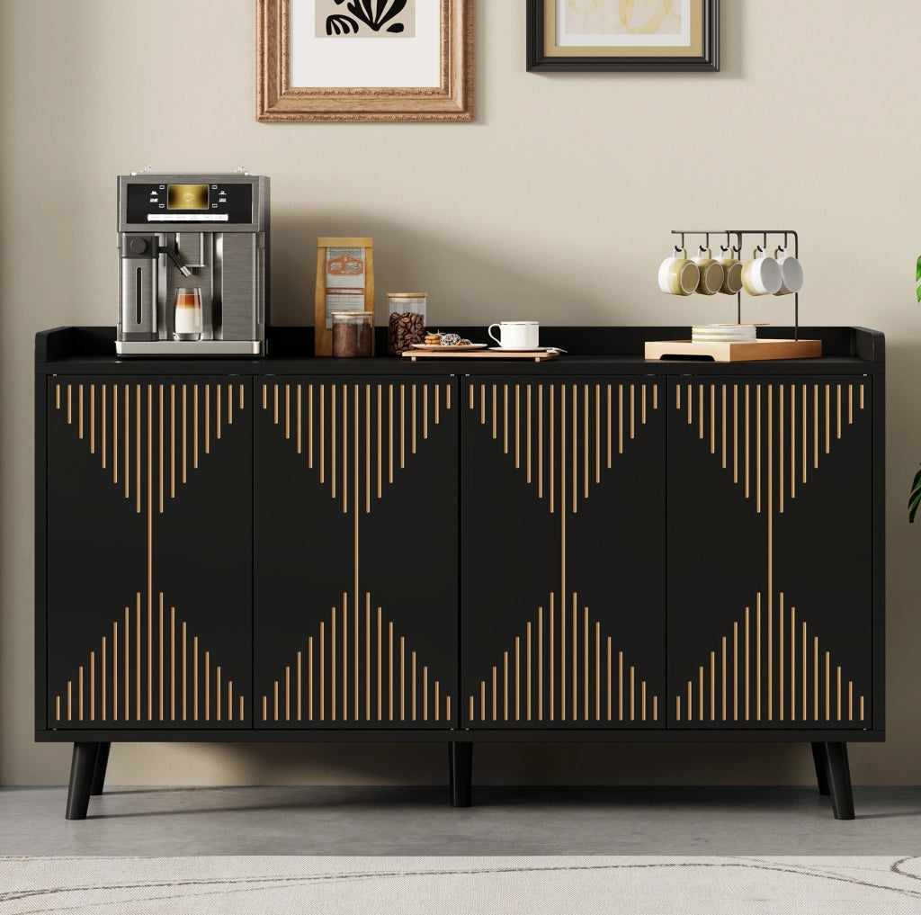 Credenza nera in MDF 140×40×84 cm con 4 ante e ripiani regolabili