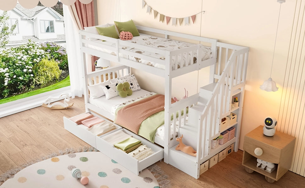 DESMIU Letto a castello per bambini 90 × 200 cm 1 posto con 2 cassetti, scaffale scala, senza materasso, in pino e MDF, bianco