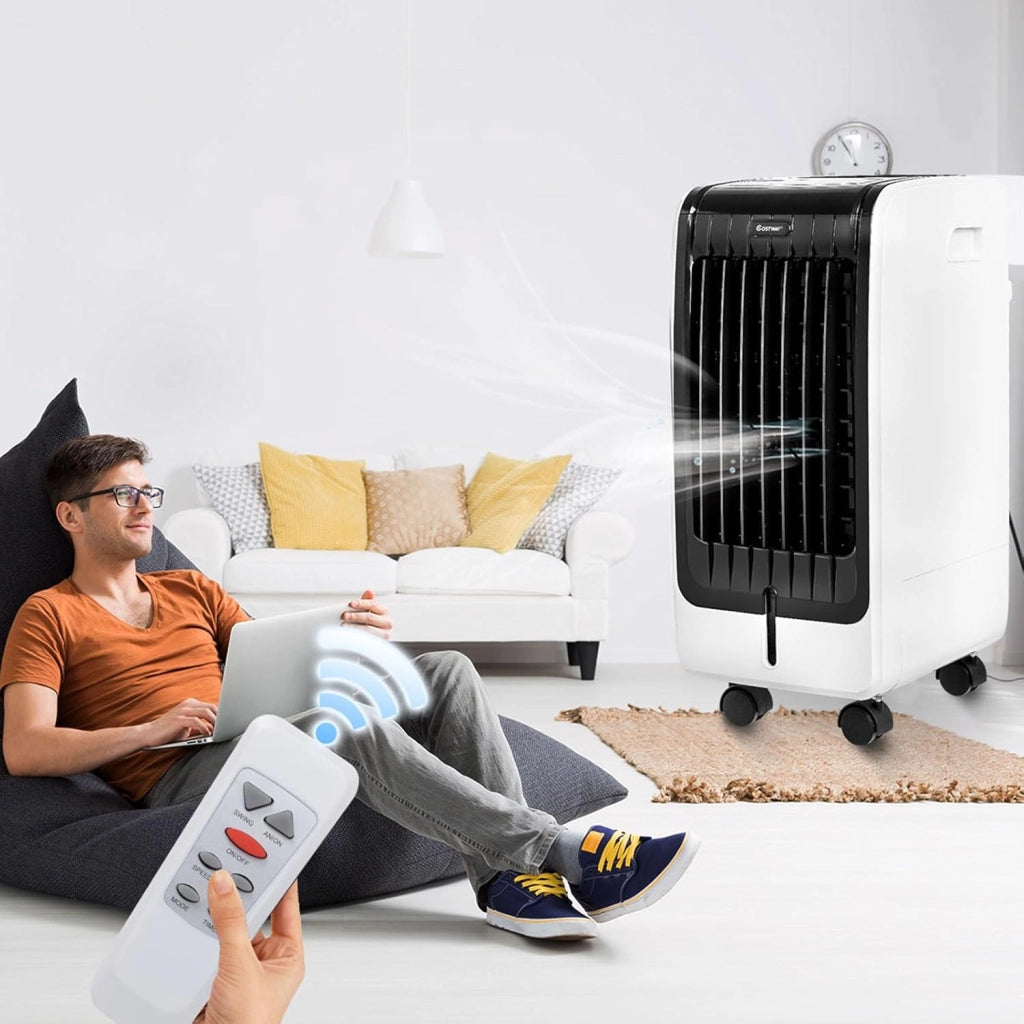 Condizionatore Climatizzatore Portatile Raffrescatore Evaporativo, con Telecomando, Funzione Raffreddatore e Umidificatore, Serbatoio Acqua 6L, 230V
