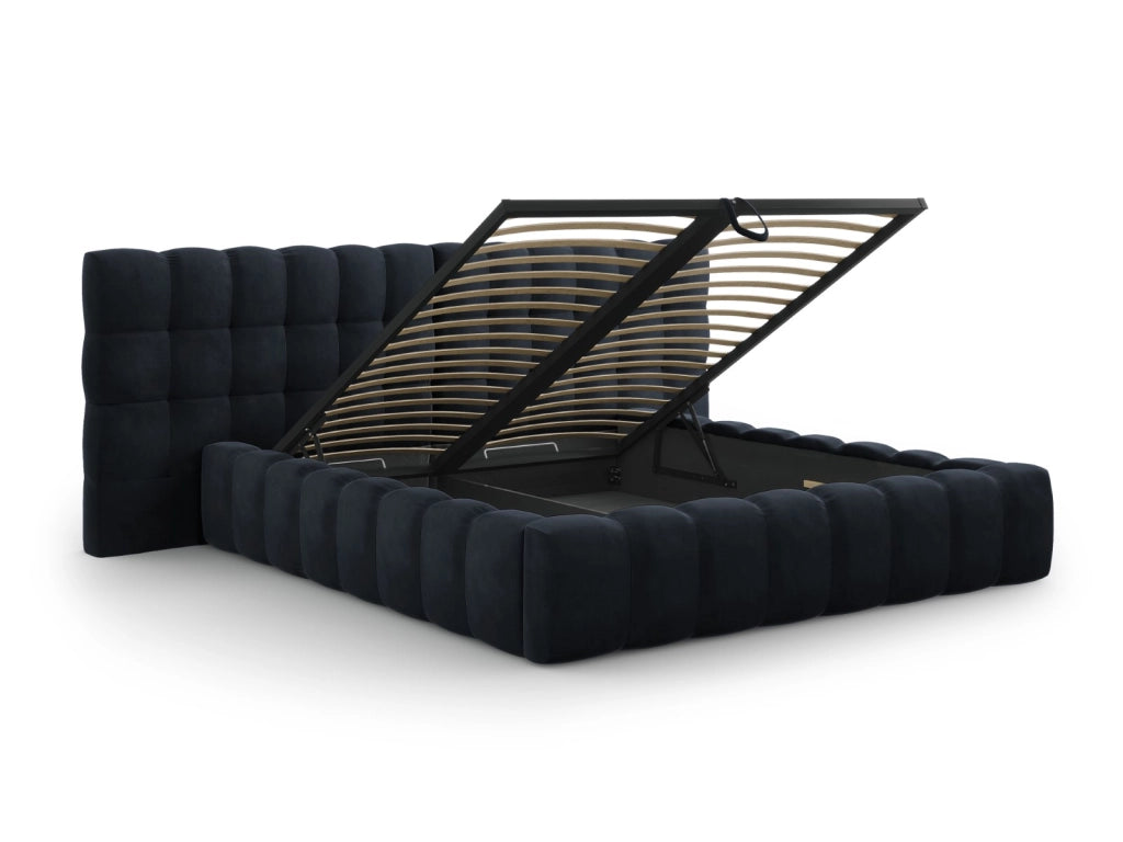 Cosmopolitan Design - Letto a cassettone con testiera doppia "Bali" 160x200cm in velluto blu scuro 