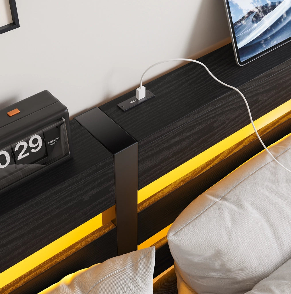 Letto matrimoniale 140x200 cm in metallo e legno nero con LED RGB; USB e vano sottoletto