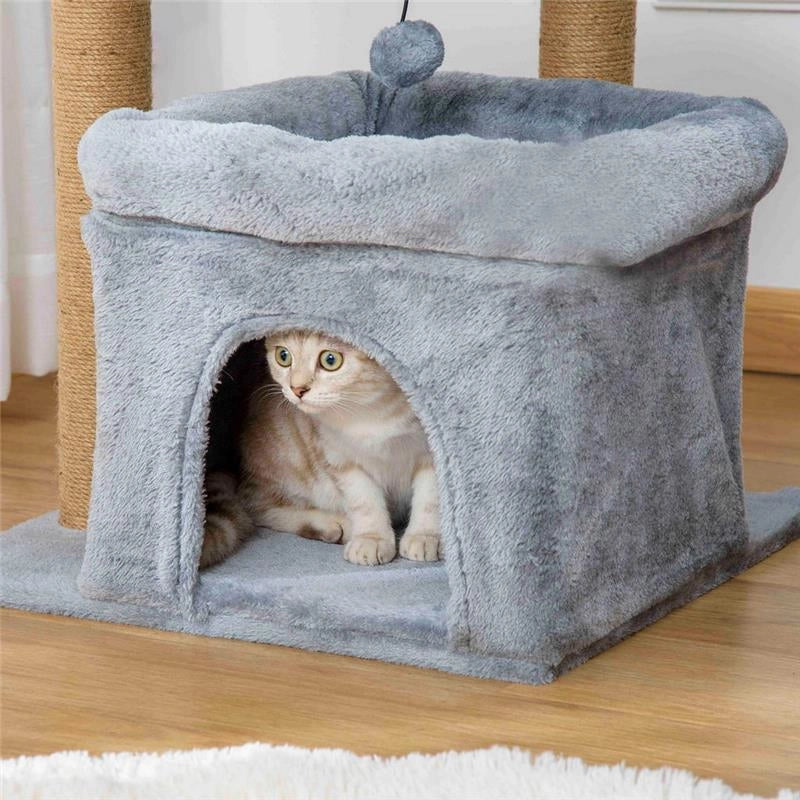 ALBERO TIRAGRAFFI PER GATTI CON PALI IN CORDA JUTA, CASETTA E CUSCINO PER GATTI, RIVESTIMENTO IN PELUCHE, ALTEZZA 84CM - GRIGIO
