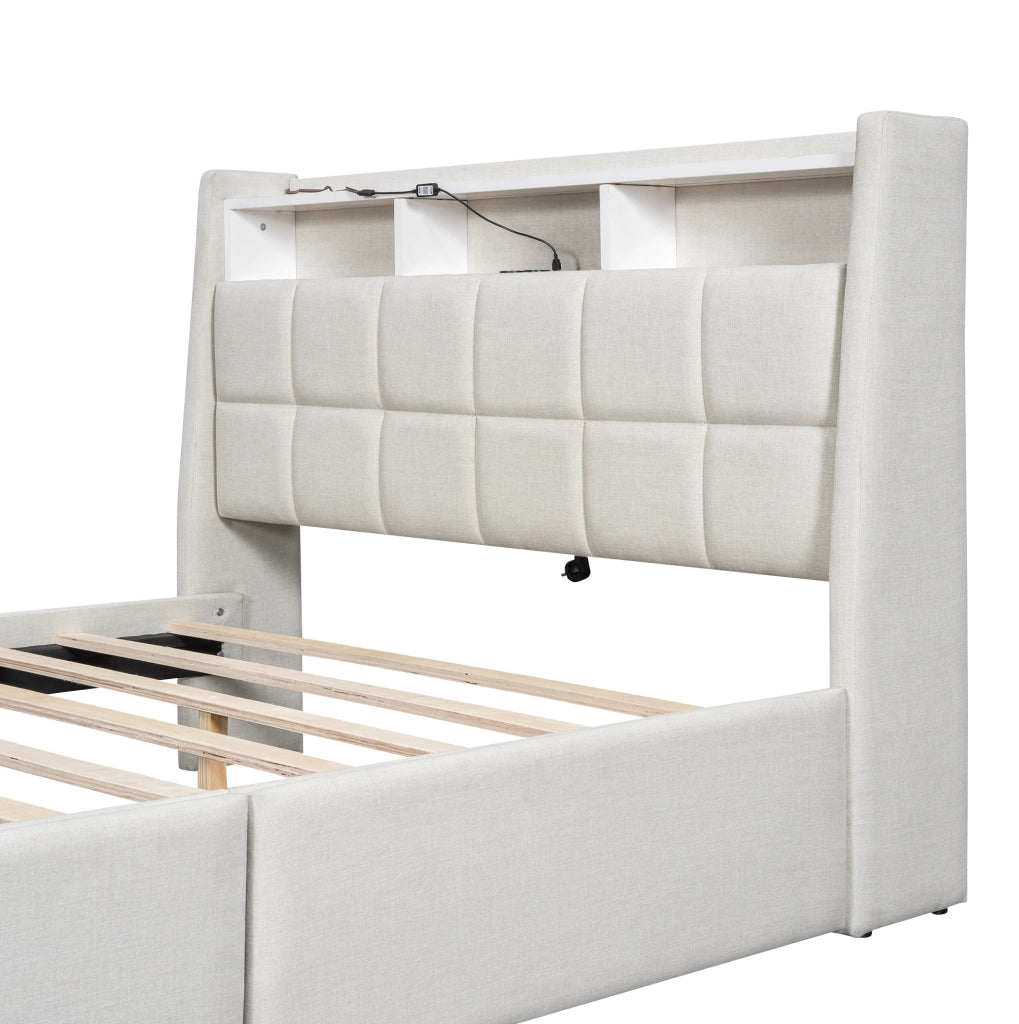 Letto imbottito 140 x 200 cm con luce LED, USB e cassetti