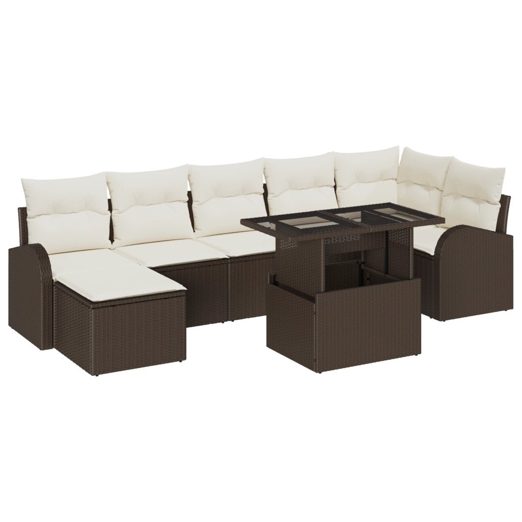 Set Divano da Giardino da 8 Pezzi con Cuscini Marrone Polirattan