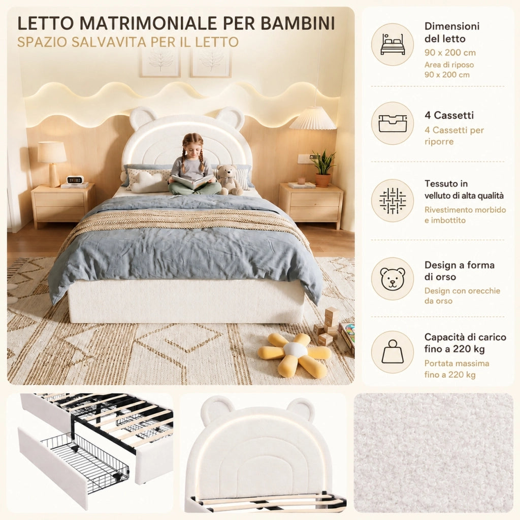 Letto imbottito beige 90x200 cm con testiera a orsetto; quattro cassetti e LED
