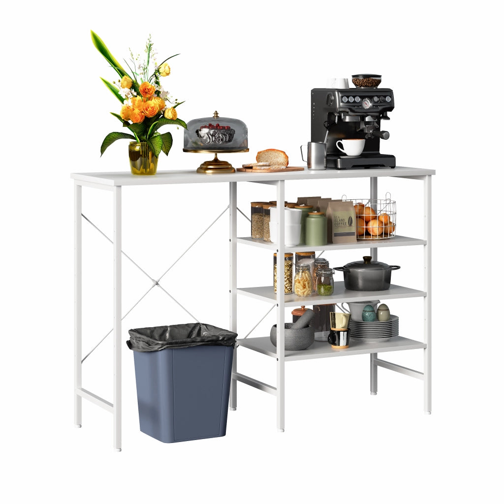 Tavolo organizer multifunzione con ripiani componibili, struttura in metallo bianco e piano bianco