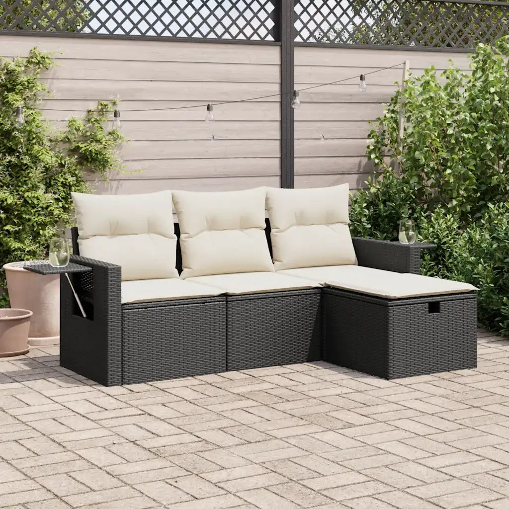 Set Divani da Giardino 4 pz | Set Salotto da Giardino con Cuscini Nero in Polyrattan