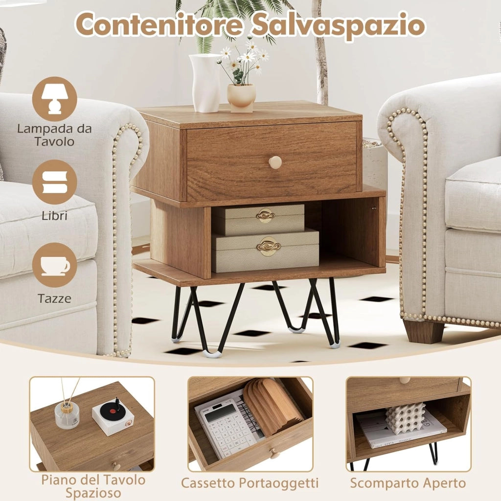Set di 2 Comodini, Tavolino Moderno con Cassetto Rimovibile, Scomparto Aperto e Gambe in Metallo, Mobile per Camera da Letto, Soggiorno e Ufficio, Naturale