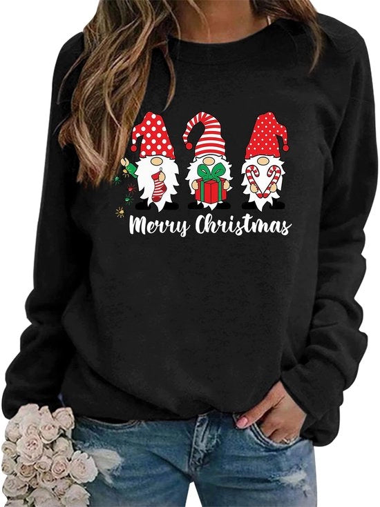 Maglione da Natale per Donna - Camicia di Cotone - Lunghe Maniche - Collo Ronde - Disegno di Natale - Stile Casual - Stampato Christmas Print - Maglione da Natale