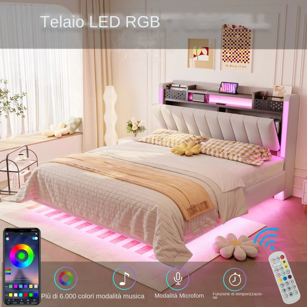Letto matrimoniale imbottito 140x200 cm con LED; USB; testiera contenitore e rete; beige