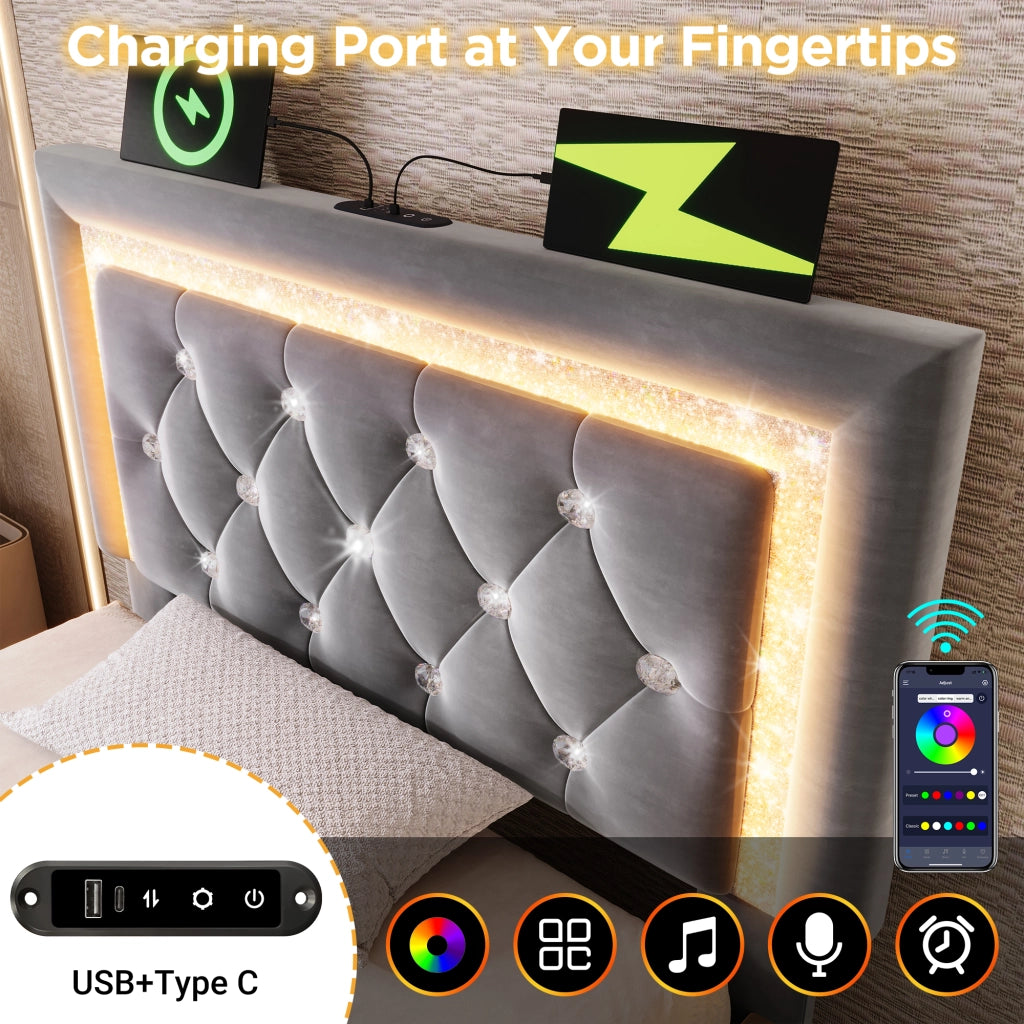 Letto Contenitore 90x200 cm; Letto Singolo con USB; Type-C e LED Regolabile - Grigio
