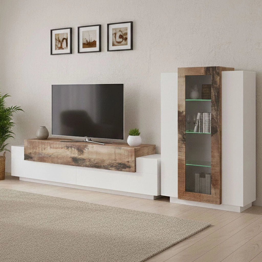 Parete attrezzata da soggiorno Anisia, Made in Italy, Porta TV a luce LED bianca, Set salotto moderno, cm 290x45h121, Bianco lucido e Acero