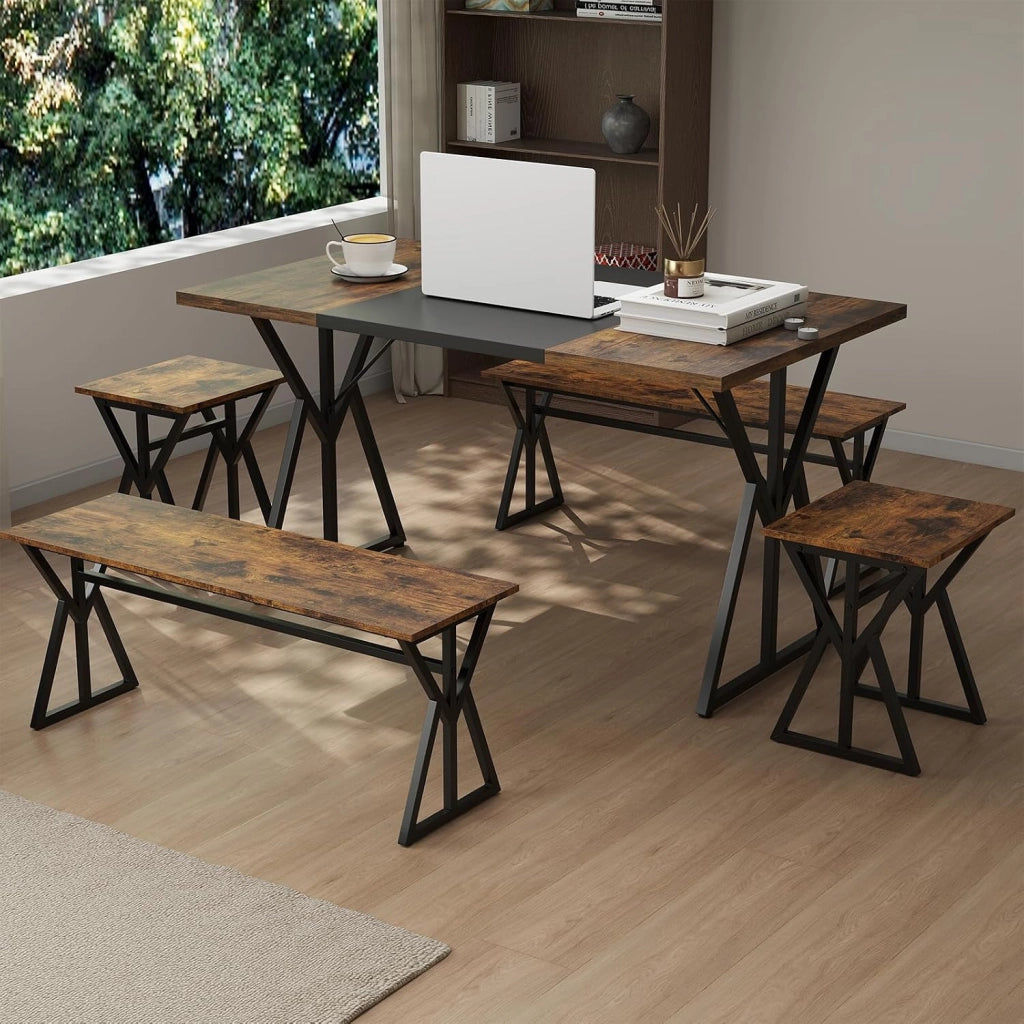 Set da Pranzo 5 Pezzi per 4-6 Persone, Tavoloda Cucina Rettangolare Industriale con 2 Panche e 2 Sgabelli, Set Pranzo Salvaspazio con Struttura in Metallo per Appartamento e Angolo Colazione