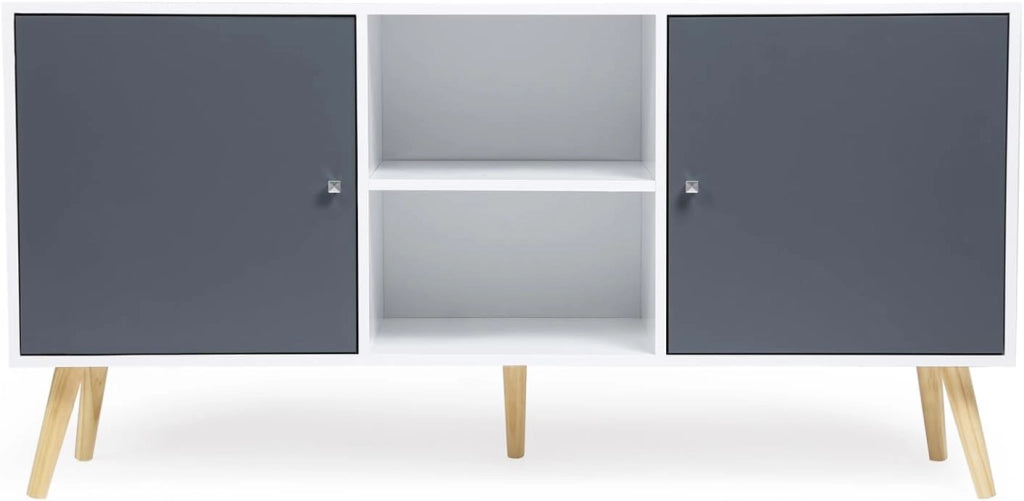 Credenza scandinava bassa EFFIE 140 cm con 2 ante in legno bianco e grigio