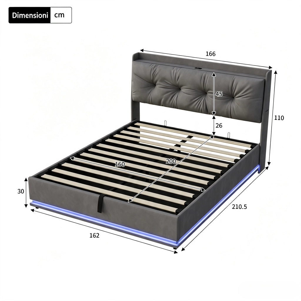Letto matrimoniale 160x200 cm con contenitore;struttura letto con testiera imbottita e rete a doghe  LED e USB  rivestimento in velluto -beige