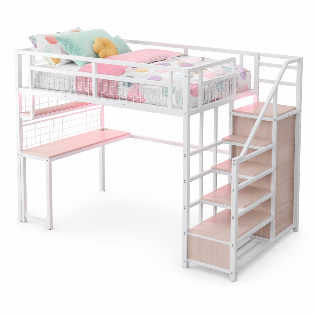 Letto a soppalco in metallo 140x200 cm bianco con scrivania; scaffale; scala contenitore e luce
