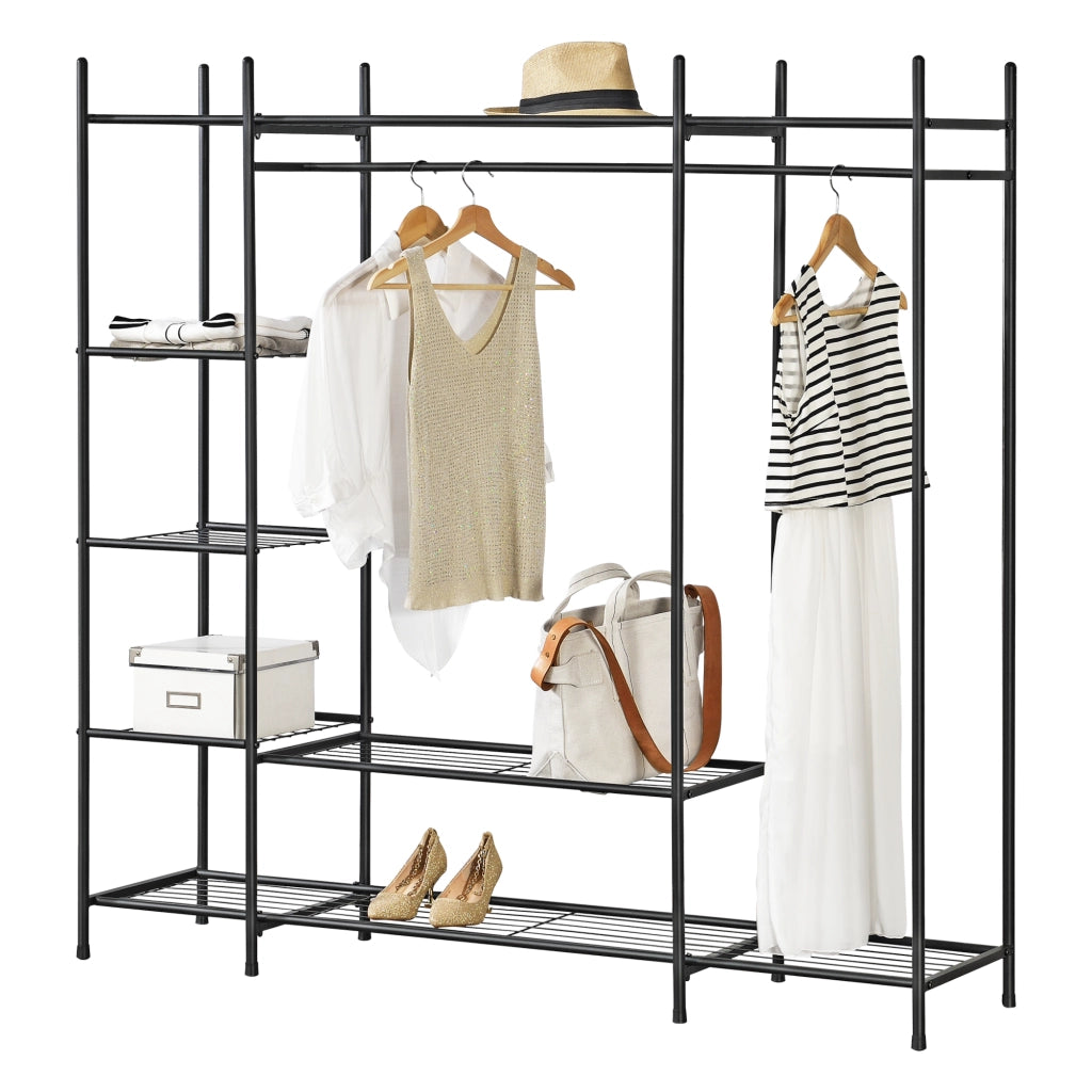 Organizzatore Guardaroba, Scaffalatura con Asta Appendiabiti e 6 Ripiani, Cabina Armadio Senza Ante (AxLaxP) 150 x 150 x 40 cm - Nero, Metallo