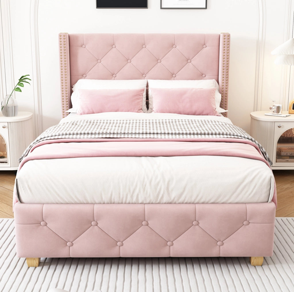 Letto singolo imbottito in velluto rosa 90x200 cm con rete a doghe