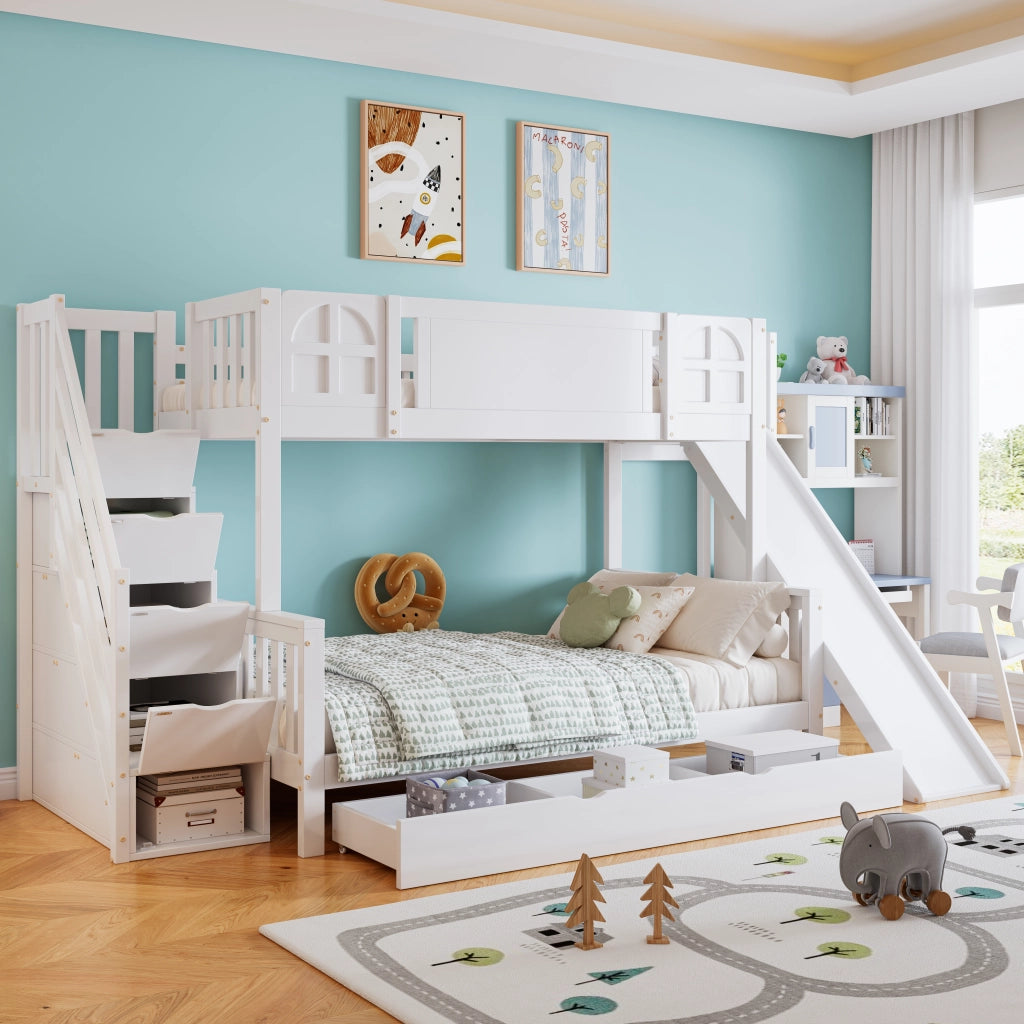 Letto a castello con scivolo e cassetti in legno massello e MDF 90x200 cm
