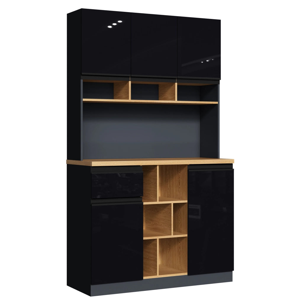 Credenza alta moderna 105×45×185 cm con ante lucide, cassetto, ripiani regolabili e vano aperto