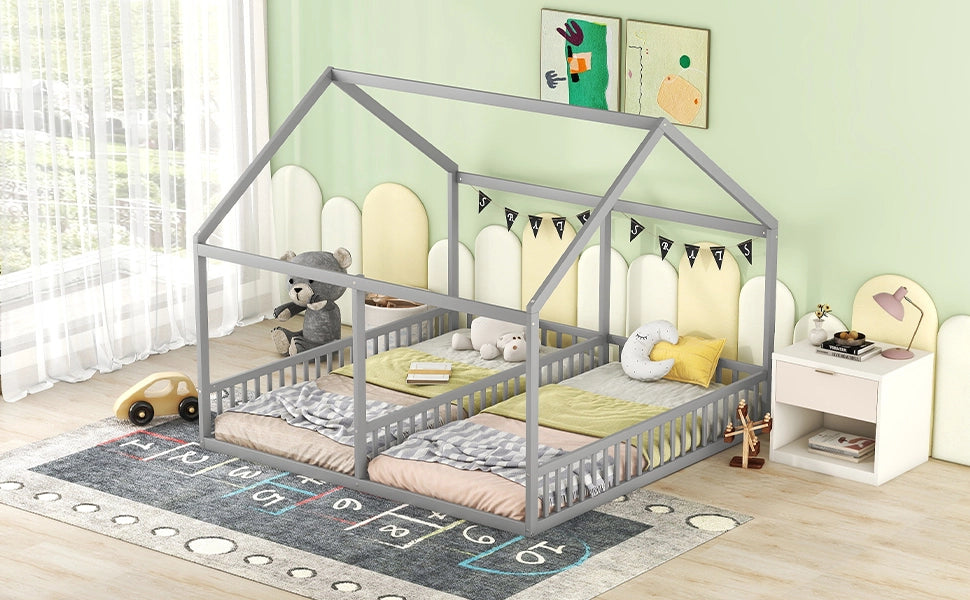 DESMIU Letto per bambini 2 posti con barriere e design a casetta, 90 × 200 cm, senza materasso, pino grigio