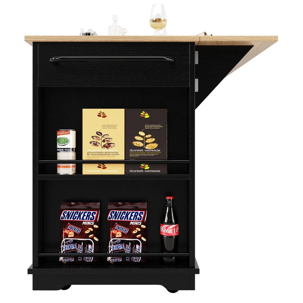Isola Cucina con Ripiani e Vetro Temperato ¨C Xylo ¨C Nero, Effetto Legno