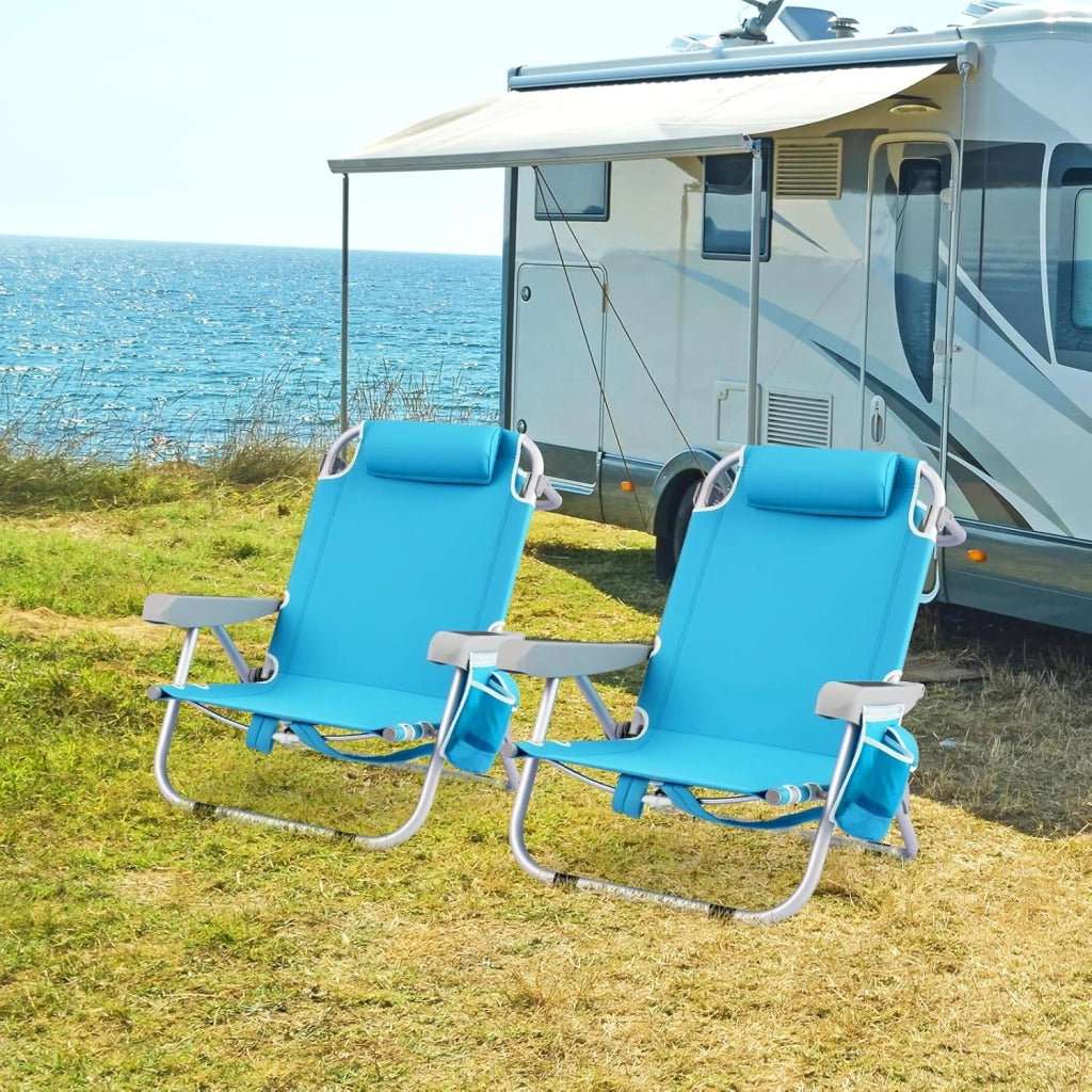 Sedia da Spiaggia Pieghevole con Zaino, Sedia da Campeggio in Alluminio Reclinabile con Schienale Regolabile in 5 Posizioni, Porta Asciugamani (65 x 66 x 78 cm,Blu,1)