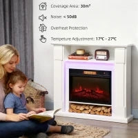 Camino Elettrico 1800W Regolabile con Fiamma 3D, Ripiano, Timer e Telecomando, 105x27x97 cm, Bianco